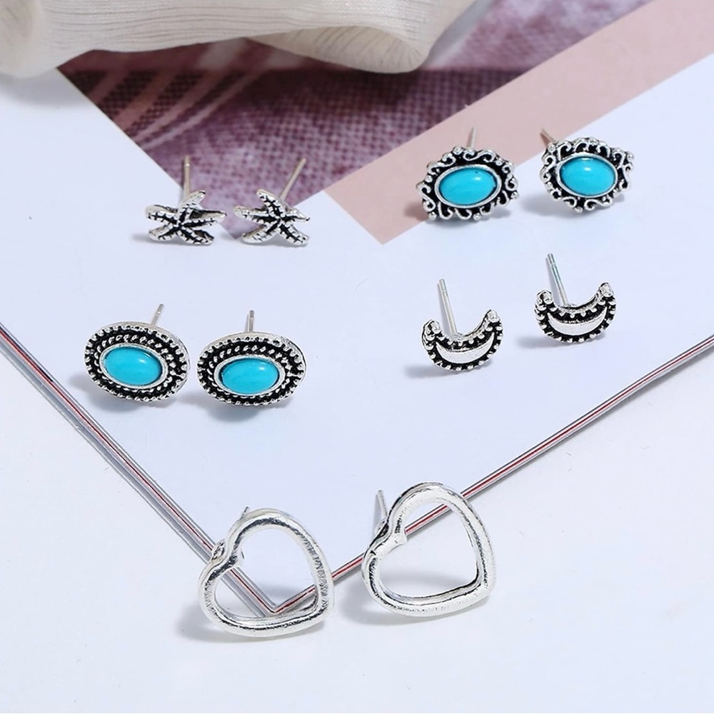 NEW 5 Pairs/lot Love Heart Turquoise Earrings Retro Totem Piercing Stud Earrings